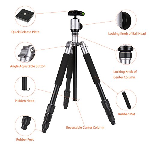 Camera Tripod 55 Inch Aluminum Ball Head Quick Release Plate Professional Camera Tripod for Travel Tripod Max Load Up to 17.6lbs