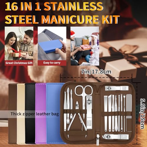 Manicure Set 16 In 1 Professional Stainless Steel Pedicure Kit Toenail Clippers Set Mens Grooming Kit Fingernail Kit for Women with Luxurious Travel Bag (7.7603 Ounce)