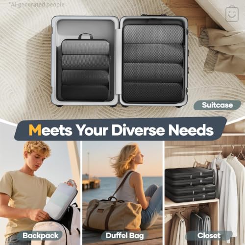 6/9/11 Set Compression Packing Cubes for Travel Essentials,Compressible Expandable Large Luggage Suitcase Organizer Bags for Clothing,Space Saver Bags with Over 1000 pcs of Mesh Holes(Black) (6 Count)