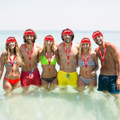 6 Sets Guard Visor Hat Red Emergency Whistle Lanyard for Pool Beach (12 Count)