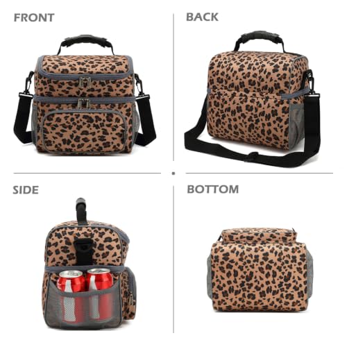Double Layer Cooler Insulated Lunch Bag Adult Lunch Box Large Tote Bag for Men (Leopard)
