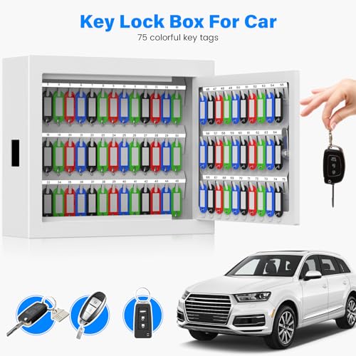 75 Keys White Key Lock Box Wall Mount with Key Tags & Numbered Hooks