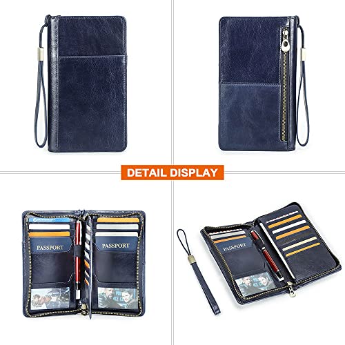 Passport Wallet Leather Family Passport Holder for 4 Travel Documents Organizer RFID Blocking Zipper Blue Card Wallet with 13 Card Slot (17 Count)