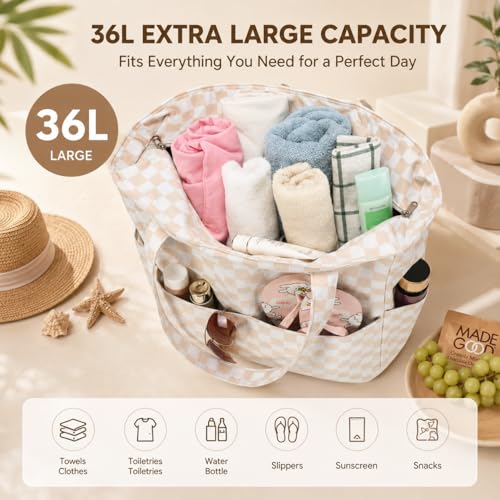 Beach Bag Waterproof Sandproof Women Beach Tote Pool Bag with Zipper for Gym Grocery Travel with Wet Pocket