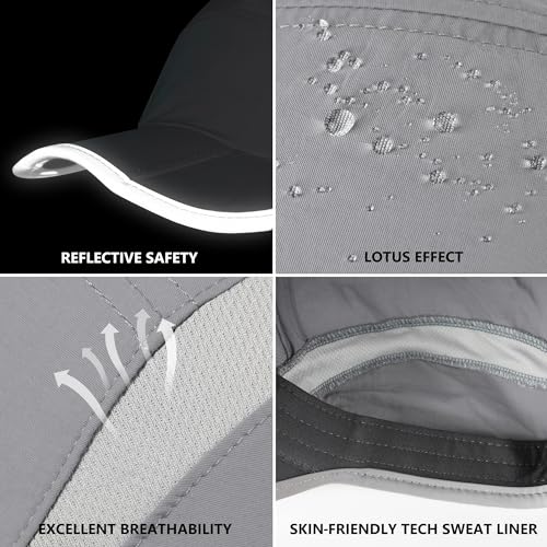 Baseball Cap Nylon Running Cap Outdoor Sports Hat for Men Woman Adjustable Quick Drying Reflective Foldable 50+ UPF Inhibit UV Mesh Race Performance Lightweight Water Repellency Light Grey