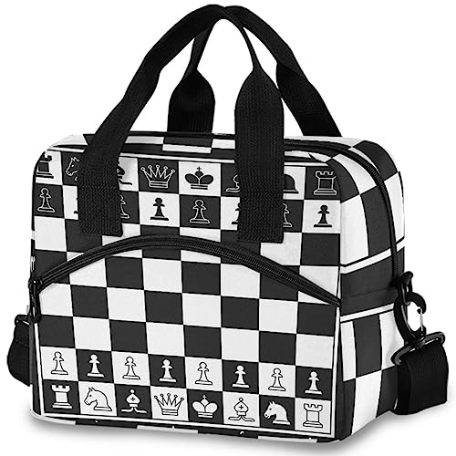 Black White Chess Board Insulated Lunch Bag Reusable Cooler Lunch Tote Box with Shoulder Strap for Work Picnic School Beach (Multi 19)