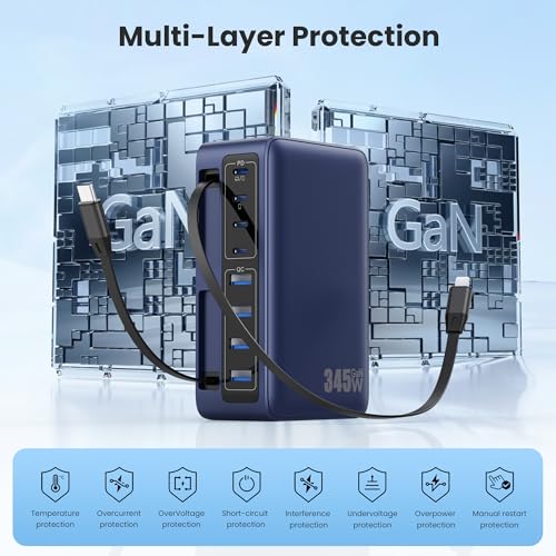 345W USB C Charger 10 in 1 Retractable Wall Charger with 2 Cables