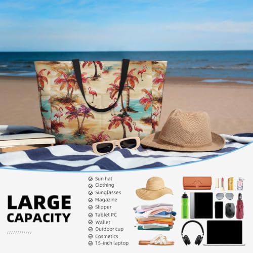 Beach Bag for Women Plam Tree Print Beach Tote Bag Waterproof Sandproof Large Bags with Zipper Big Capacity for Travel