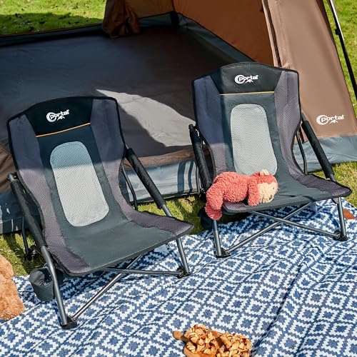Beach Camping Folding Chairs for Adults Low Portable Chair with Cup Holder High Mesh Back for Outdoor Lawn Sand Travel Festival Concert