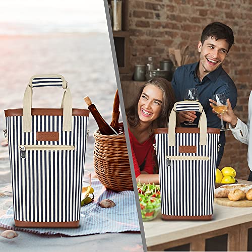 2 Bottle Wine Bag Carrier Insulated Leakproof Wine Cooler Navy Stripes (2 Count)