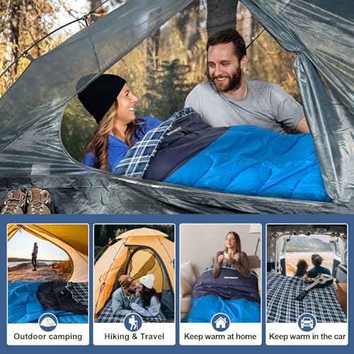 Cotton Flannel Double Sleeping Bag for Adults Machine Washable 2 Person Camping Sleeping Bag Queen Size Waterproof with Compression Sack for Cold Weather 3