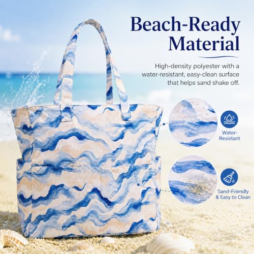 Beach Bag Waterproof Sandproof Women Beach Tote Pool Bag with Zipper for Gym Grocery Travel with Wet Pocket