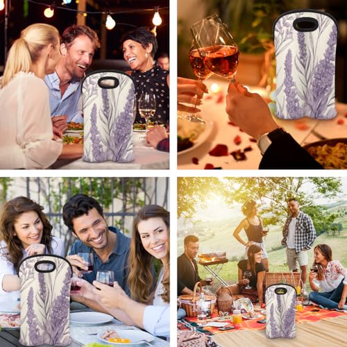Cartoon Lavender 2 Bottle Wine Carrier Tote Bag Insulated Wine Bottles Neoprene Bag with Secure Carry Handle Portable Wine Cooler Bag for Travel Picnic Beach