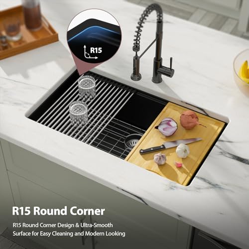 Matte Black Quartz Kitchen Sink 33” Undermount Single Bowl