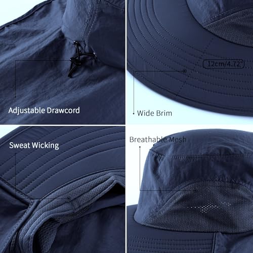 UPF50+ Mens Sun Hat Wide Brim Mesh Fishing Hat with Neck Flap UV Protection Hat for Gardening Golf Navy Blue