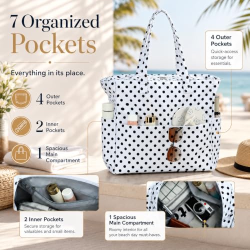Beach Bag Waterproof Sandproof Women Beach Tote Pool Bag with Zipper for Gym Grocery Travel with Wet Pocket