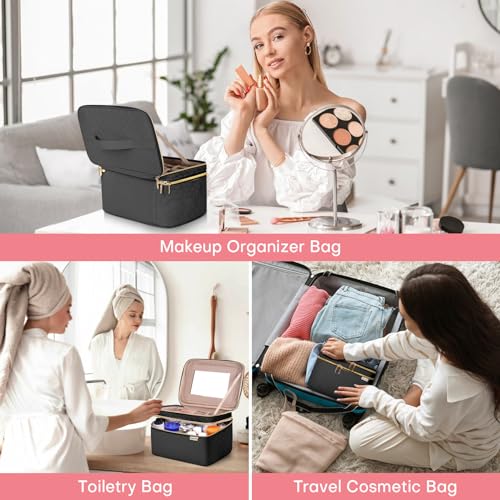 Large Makeup Bag with Mirror Double Layer Travel Make Up Organizer Case