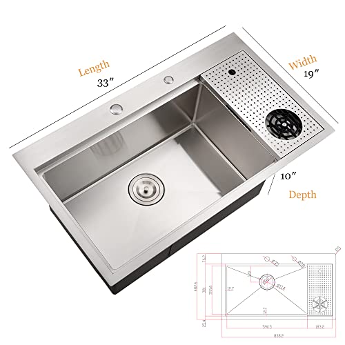 33 Inch Drop In Kitchen Sink with Cup Washer Workstation