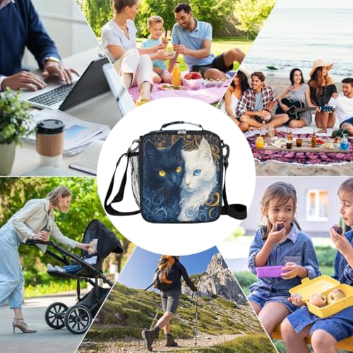 Blue White Cat Kids Lunch Box for Girls Boys Reusable Insulated Lunch Bag for Kids Toddler Thermal Cooler Spacious Lunchbox with Shoulder Strap Lunchbag for School Work Picnic (A05:Cat)
