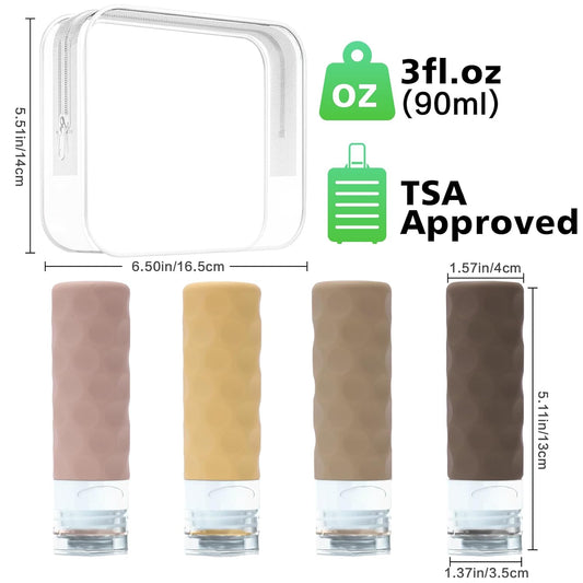 Travel Bottles for Toiletries, 4pcs Tsa Approved 3oz Travel Size Containers, BPA Free Leak Proof Premium Silicone Bottles, Refillable Liquid Squeezable Accessories W/Toiletry Bag(Apricot)
