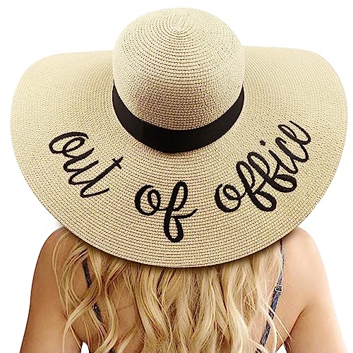 Big Straw Sun Hats for Women Floppy Foldable Roll up Beach Cap Sun Hat UPF 50+ Vacation Honeymoon Embroidered Hat