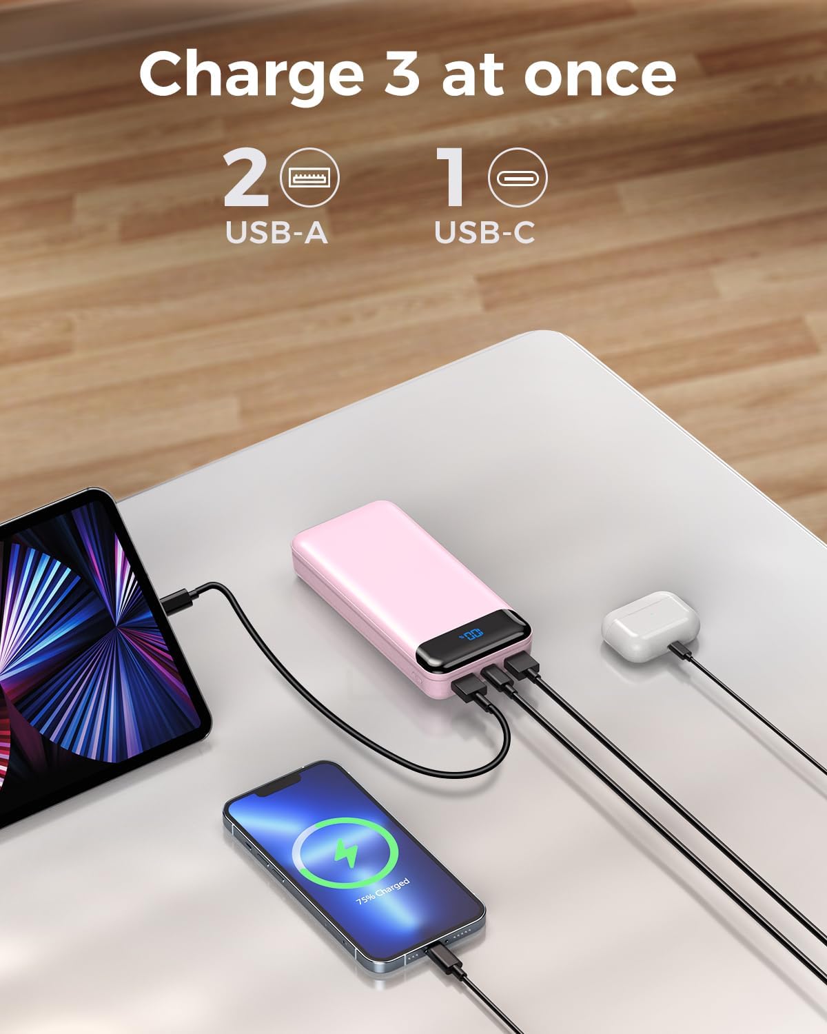 Portable Charger Power Bank 40000mAh Powerbank PD 30W and QC 4.0 Fast Charging External Battery Pack with USB-C LED 3 Outputs & 2 Inputs Portable Charging for iPhone 15 14 13 (Pink) - Roamly