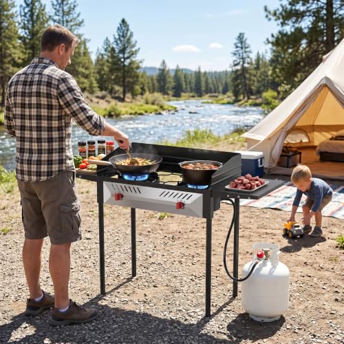 150000 BTU Dual Burner Camping Stove Portable Propane Wind Guard