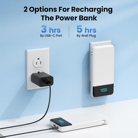 Portable Charger for iPhone with Built in Cables and Wall Plug,Upgraded 13800mAh Fast Charging USB C Power Bank,4 Outputs Travel Essential Battery Pack Compatible with iPhone 15/14/13,Samsung-White