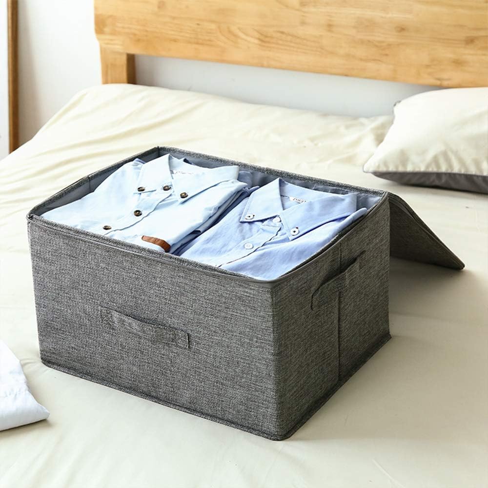 ANMINY 2PCS Storage Bins with Zipper Lids 36 Qt Lidded Fabric Storage Boxes Baskets Cubes with Handles Collapsible Washable Cotton Linen Closet Shelf Clothes Organizer Containers - Gray, Large