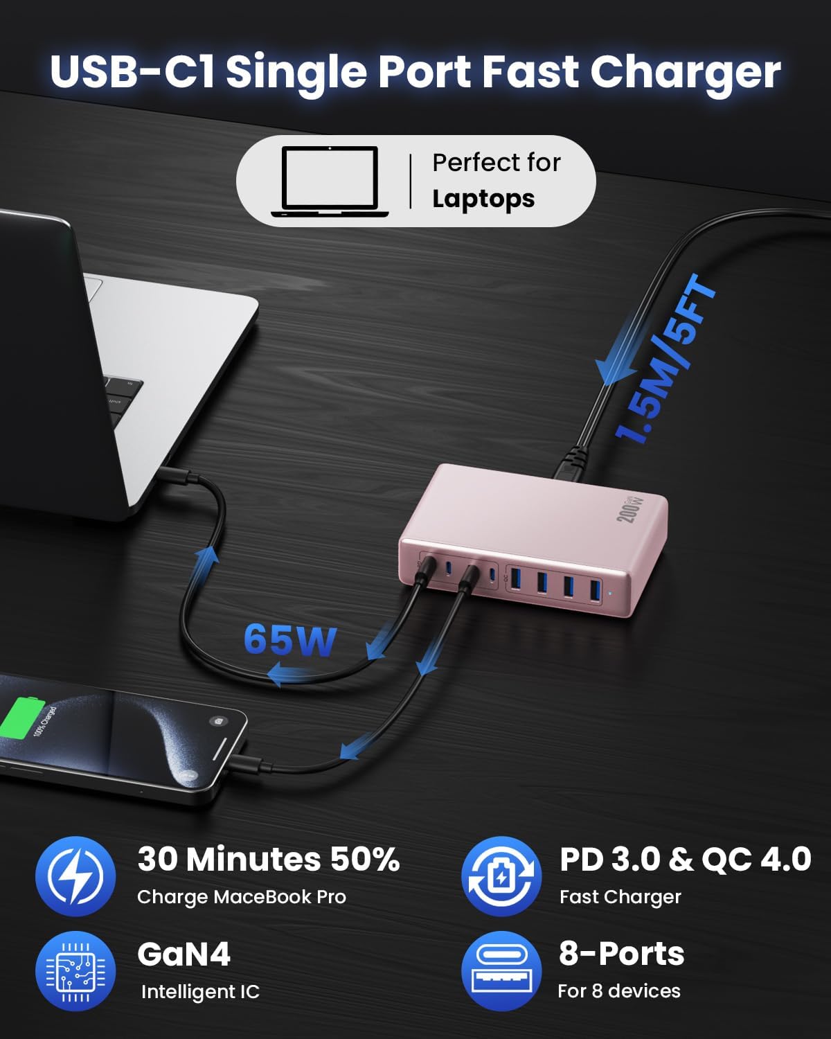 200W USB C Charger Block,GaN IV Charging Station 8 Ports,QC4.0 Fast Charging Station Hub+PD 65W USB C Laptop Charger Adapter Compatible with MacBook Air/Pro,DELL,iPhone 16/15,iPad,Steam Deck-Pink - Roamly