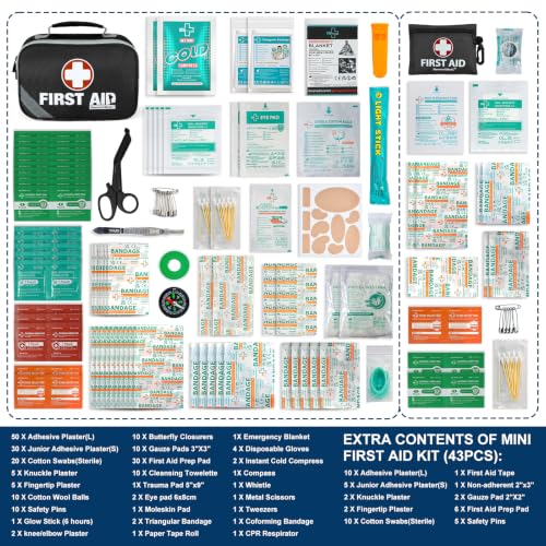 2-in-1 First Aid Kit (215 Piece Set) + 43 Piece Mini First Aid Kit -Includes Ice(Cold) Pack, Moleskin Pad and Emergency Blanket for Travel, Home, Office, Car, Workplace(Black) (28.95 Count)