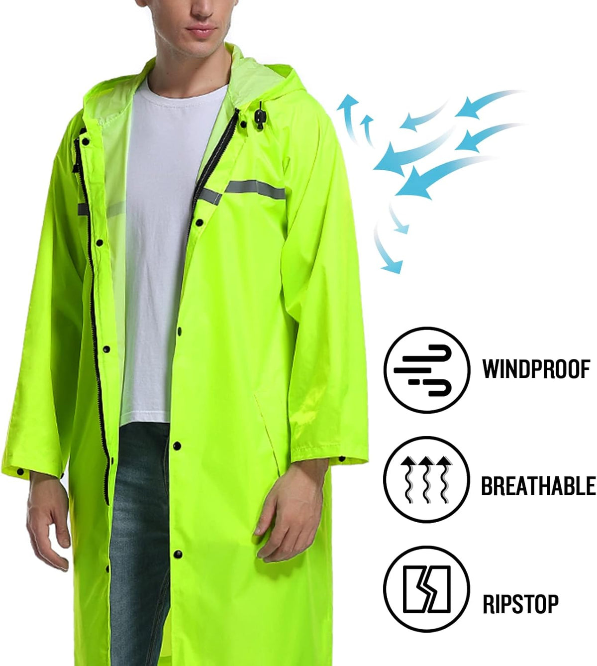 Mens Long Hooded Safety Rain Jacket Waterproof Emergency Raincoat Poncho