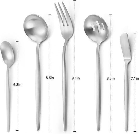 Matte Serving Silverware Set, 5-Piece Round Shared Utensils Set of Stainless Steel, Hostess Flatware Serving Set, Satin Finish, Dishwasher Safe