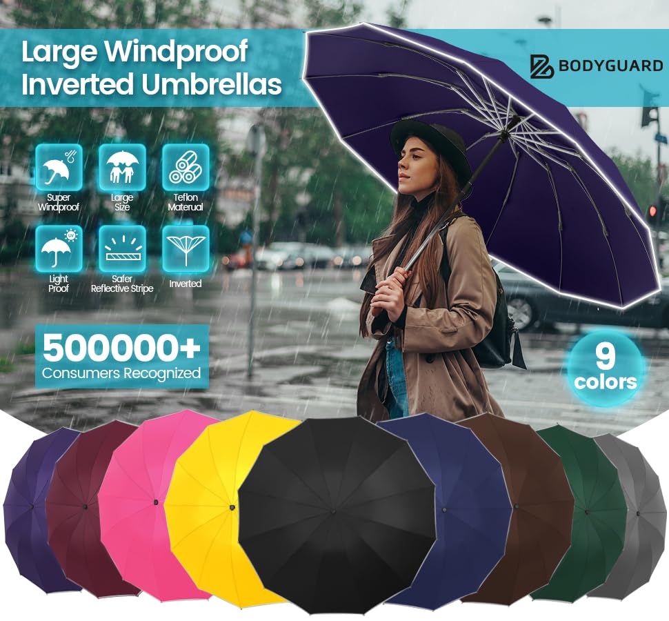 Inverted Umbrella Large Windproof Umbrellas for Rain Sun Travel Umbrella Compact with Reflective Stripe