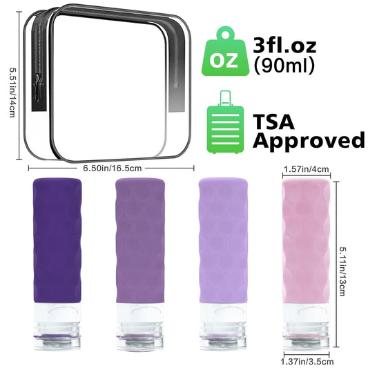 Travel Bottles for Toiletries, 4pcs Tsa Approved 3oz Travel Size Containers, BPA Free Leak Proof Premium Silicone Bottles, Refillable Liquid Squeezable Accessories W/Toiletry Bag(Purple)