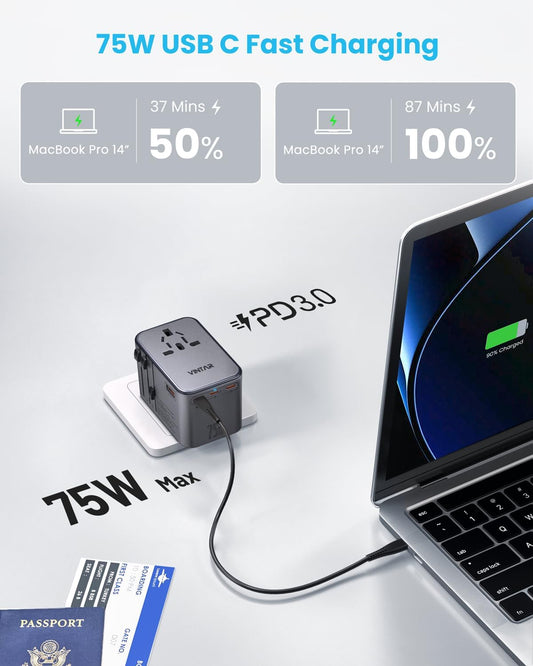 Universal Travel Adapter, VINTAR 75W GaN International Power Adapter with 3 USB-C PD and 2 USB-A QC Charging Ports, All-in-one Outlet Converter Wall Charger for Europe UK USA AUS(Type C/G/A/I), Grey