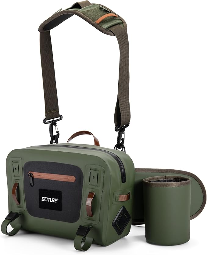 Goture Waterproof Fishing Waist Pack,IPX8 840D TPU Large Tackle Bag with Rod Holder,Airtight Zipper Closure,Detachable Water Bottle Holder, 10L Fly Fishing Bag with Adjustable Strap,Sling Fanny Pack