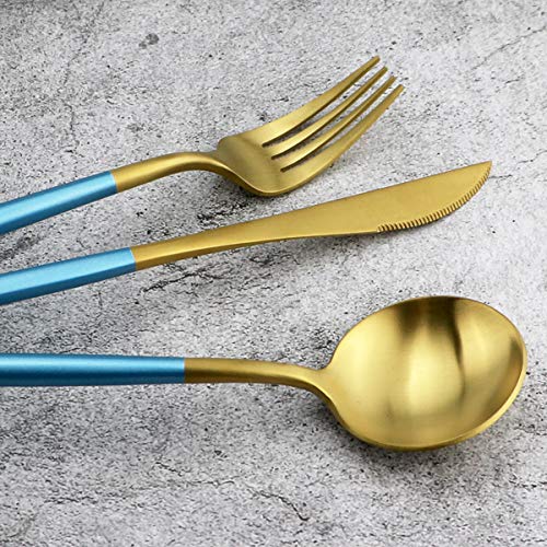 20-Piece 18/10 Stainless Steel Flatware Silverware, Luxury Dinnerware Set Travel Cutlery Tableware Include Knife Fork Spoon Service for 4, Dishwasher Safe (Blue Handle Matte Gold) (4 Count)