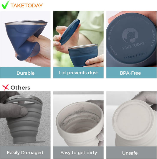 TakeToday 2PCS Collapsible Travel Cup - Silicone Foldable Water Cup, BPA-Free with Lid & Waterproof Bag - Drinking Cup Set for Camping, Outdoors & International Travel(8 Oz, Navy & Blue)