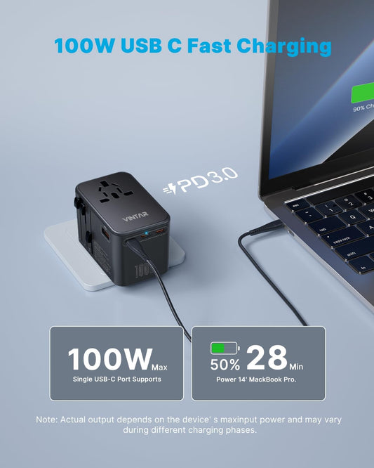 Universal Travel Adapter, VINTAR 100W GaN International Power Adapter with 3 USB-C PD Fast Charging and 2 USB-A QC, All-in-one Outlet Converter Charger for Europe UK USA AUS(Type C/G/A/I)