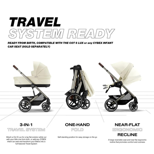 Cybex Balios S Lux Toddler and Baby Stroller with Reversible Seat, Unique One-Pull Harness, and Multiple Recline - Travel System Ready, with One Hand Fold, Taupe Frame/Seashell Beige Seat