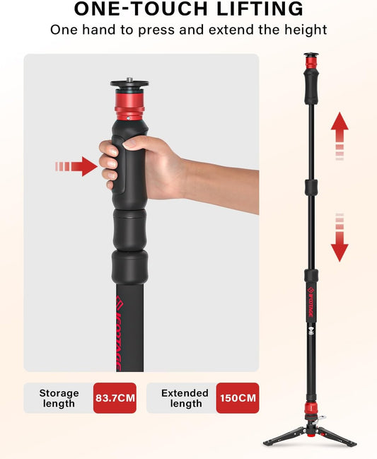 IFOOTAGE Cobra 3 Strike Monopod with Feet,Portable Travel Monopod for Camera A150S Ⅲ with Pan Tilt Head K5S,Pedal Design Base,One-Click to Extend Height 59"/150cm,Payload 11lbs/5KG