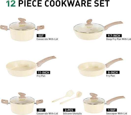 MAISON ARTS Pots and Pans Set Non Stick, Kitchen Cookware Sets Nonstick, 12 Piece Granite Cooking Pot and Pan for Induction, Stovetop, Beige