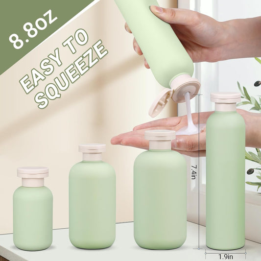 ASEVAT 8.8 oz Plastic Leak Proof Travel Bottles for Toiletries, Plastic Travel Size Containers, Shampoo and Conditioner Bottles Refillable Squeeze Bottle for Lotion, Body Wash (4Pcs)