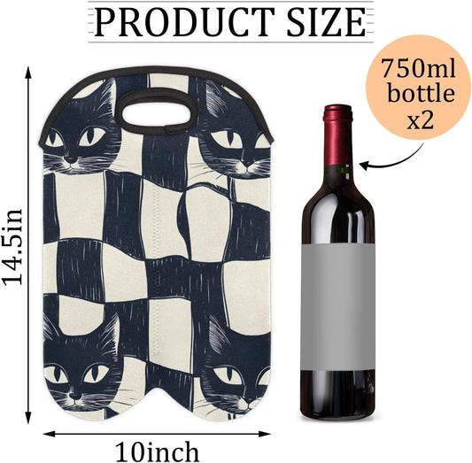 Neoprene Wine Tote, Bottle Carrier Gag Insulating Neoprene Thicker, Insulated Wine Bag for Travel Holds Two Bottles, Bottle Carrier Bags Protect the Bottles, Checkered Cat