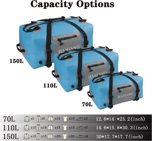 110L Waterproof Duffel Bag Travel Dry Bag, Large Capacity, Adjustable Thickened Straps and Handles, Zip Closure, Air Valve, Fully Waterproof, Perfect for Boating, Rafting, Motorcycle Kayaking - Roamly