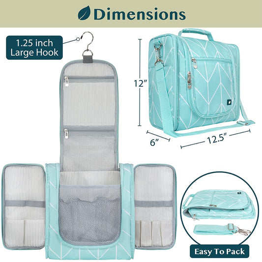 PAVILIA Extra Large Toiletry Bag Travel Bag for Women Men, Hanging Cosmetic Organizer, Water Resistant Makeup Bag for Accessories Toiletries, Travel Essentials Kit (Teal Chevron)