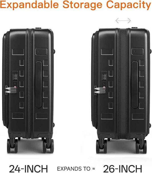 Expandable Lightweight PC Hard Shell Suitcase, 24-inch Luggage with TSA Lock, Top Opening & Cup Holder - Ideal for Business Travel Suitcase (Black, Checked-Medium 24-Inch)