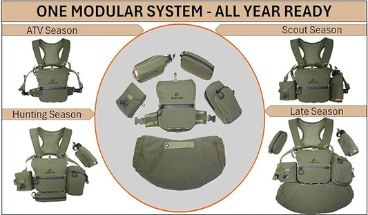 THE GUIDE BUNDLE: All Season Binocular Chest Pack Harness With 5 Piece Modular Accessory Kit: One Solution - Early Scouting To Late Season - Olive Green - Fits Up To Most 12x50 Bino