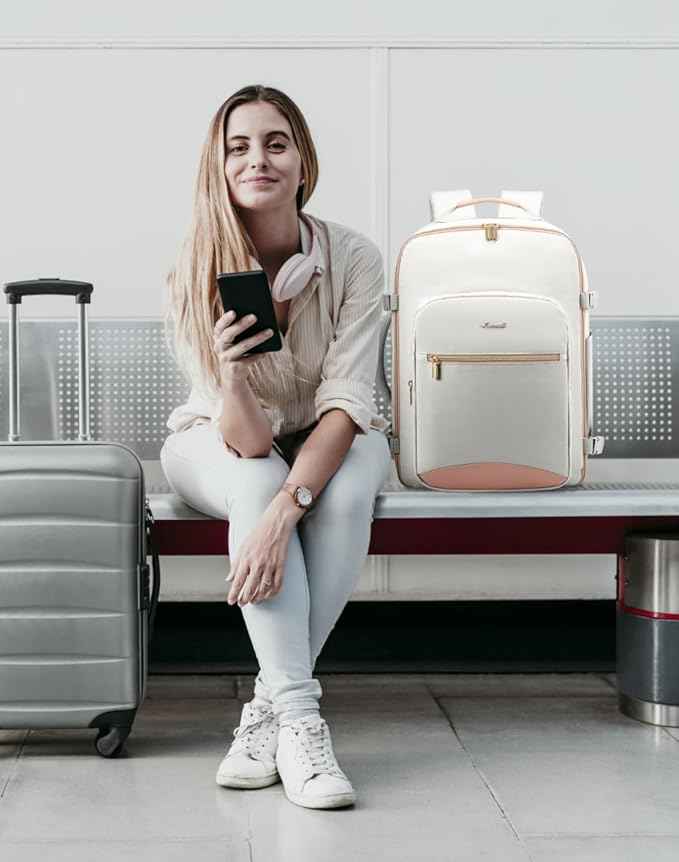 LOVEVOOK Travel Backpack for Women & Men 50L,Airline Approved Carry On Backpack Travel Essentials,TSA Carry on Luggage,Waterproof Personal Item Travel Bag,Suitcase with 3 Packing Cubes,Light gray-Pink